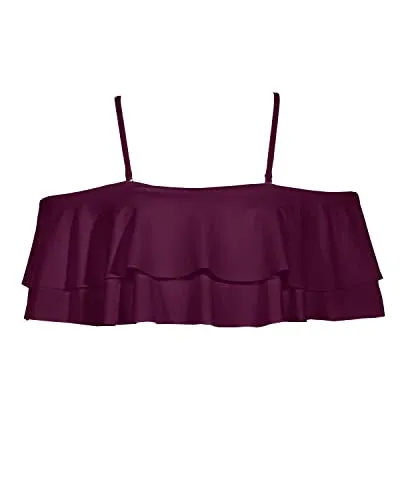 Adjustable Bra Flounce Bikini Top Tiered Ruffles-Maroon