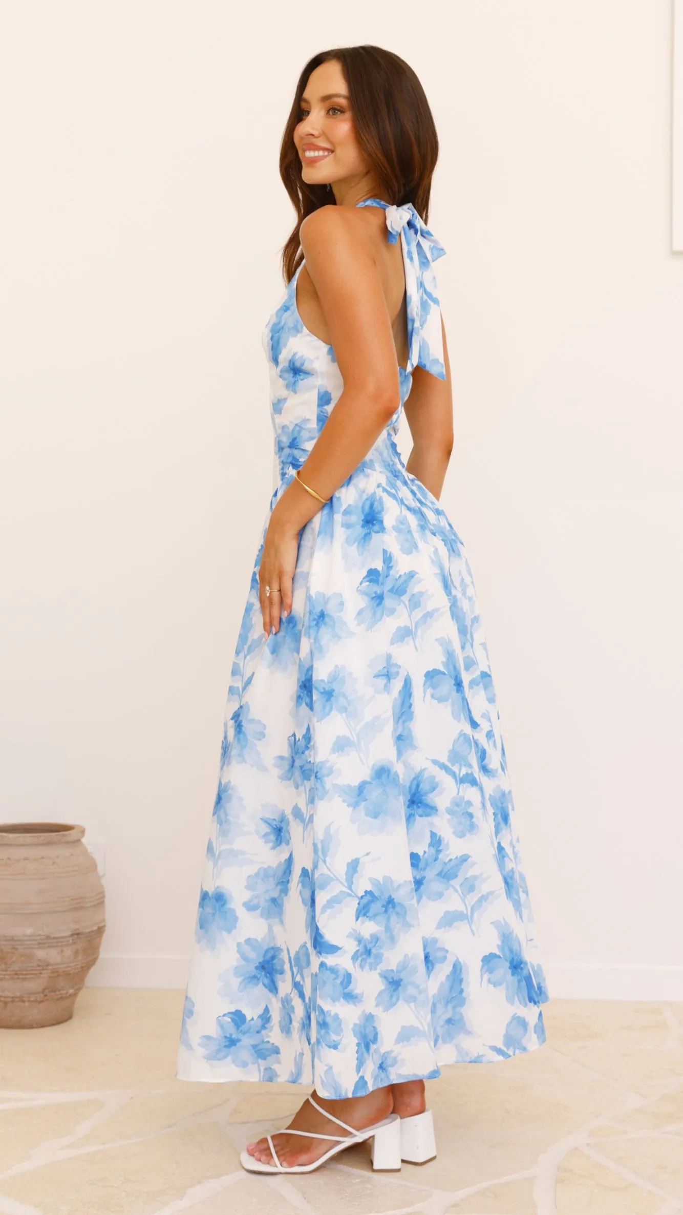 Bryony Halter Neck Maxi Dress - Blue Floral