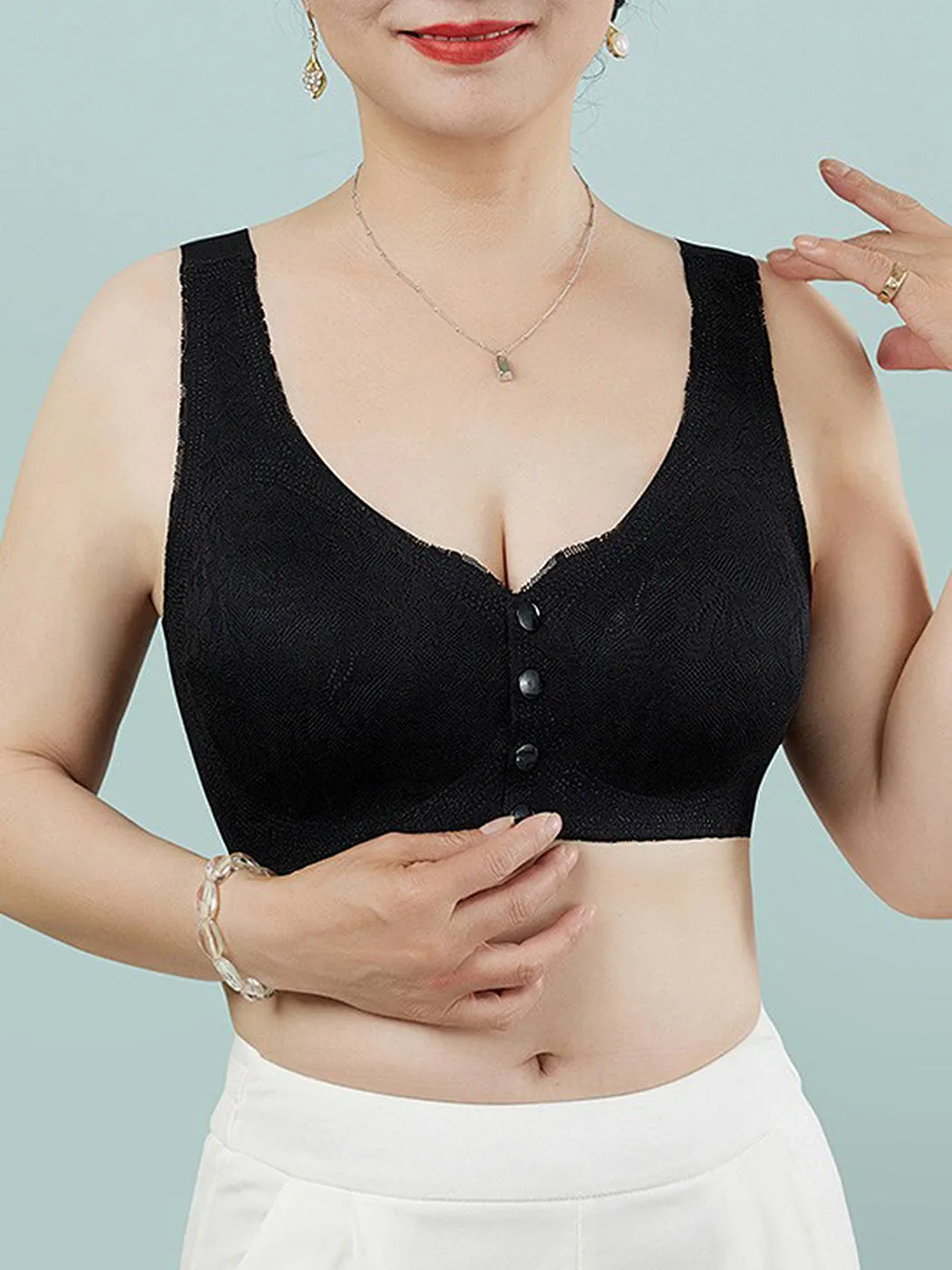 Lace Solid Color Breathable Front Closure Wireless Bra