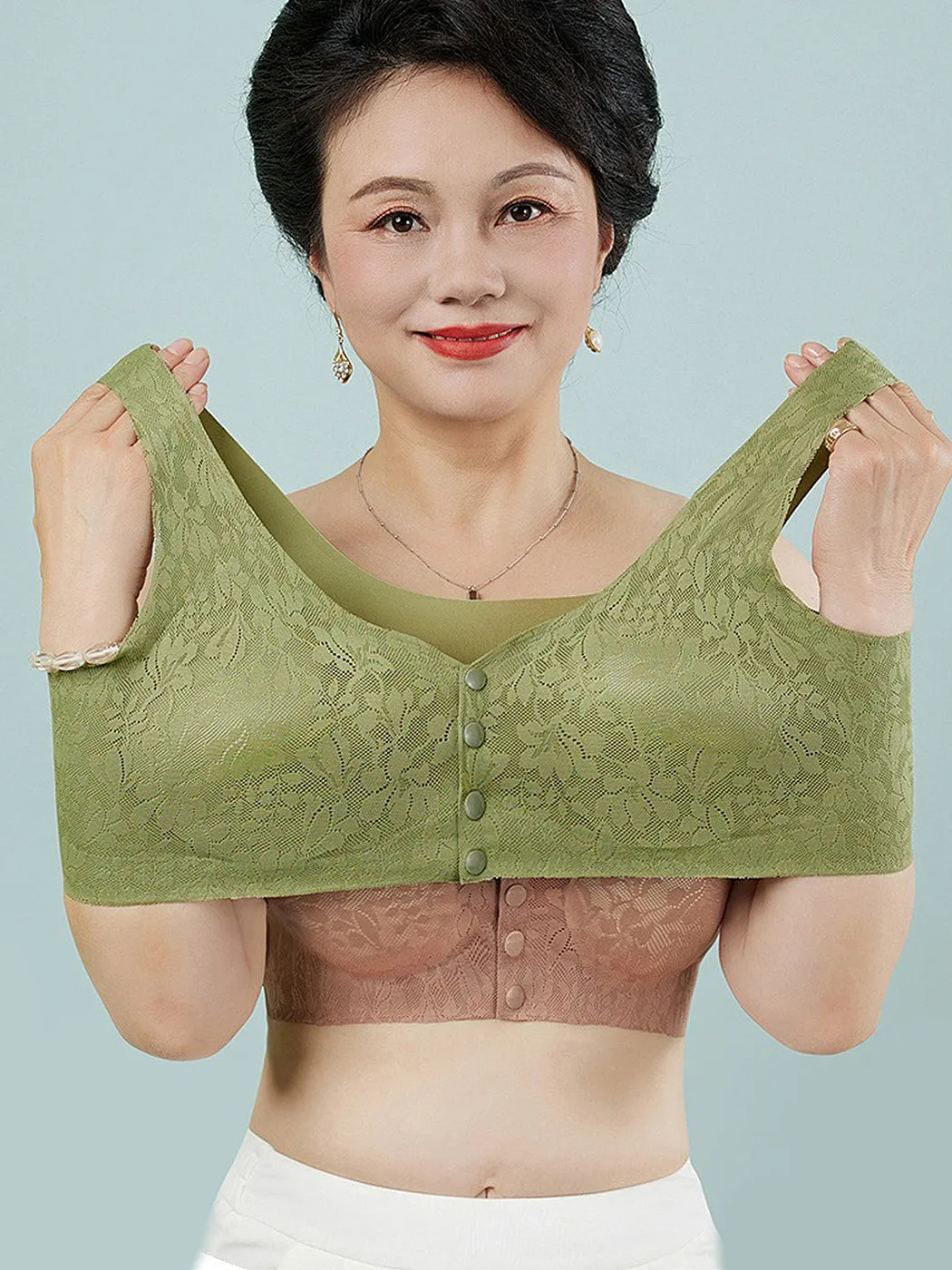 Lace Solid Color Breathable Front Closure Wireless Bra