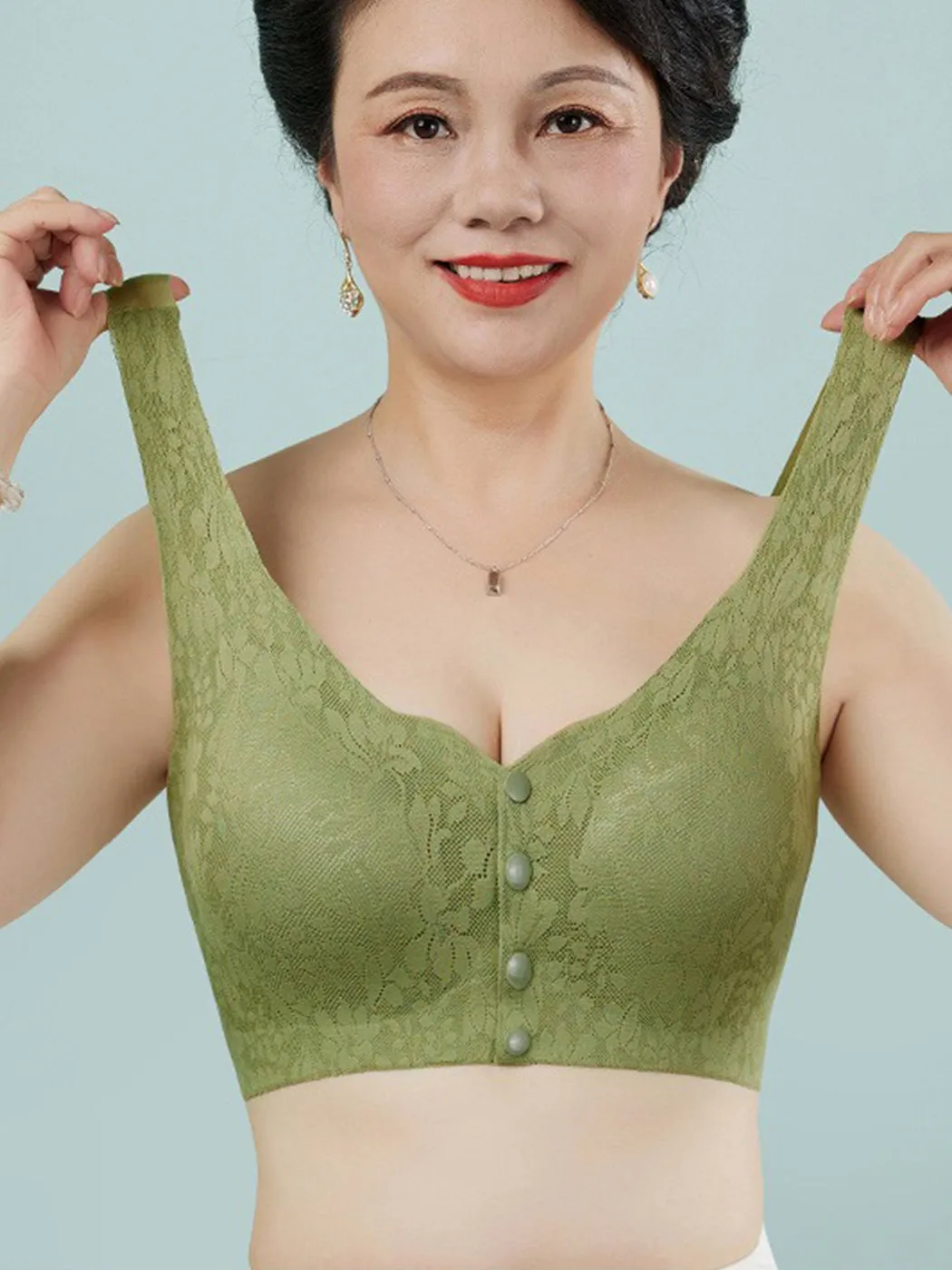 Lace Solid Color Breathable Front Closure Wireless Bra