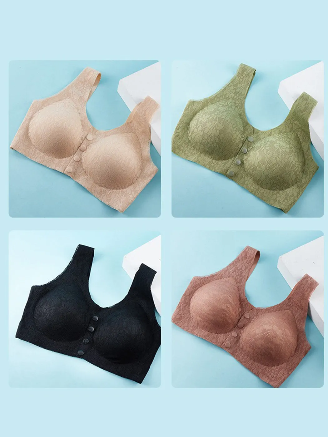 Lace Solid Color Breathable Front Closure Wireless Bra