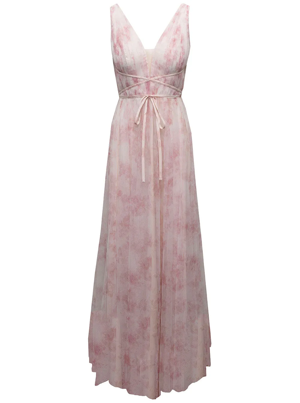 Marchesa Notte Floral Printed V-Neck Dress