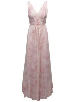 Marchesa Notte Floral Printed V-Neck Dress