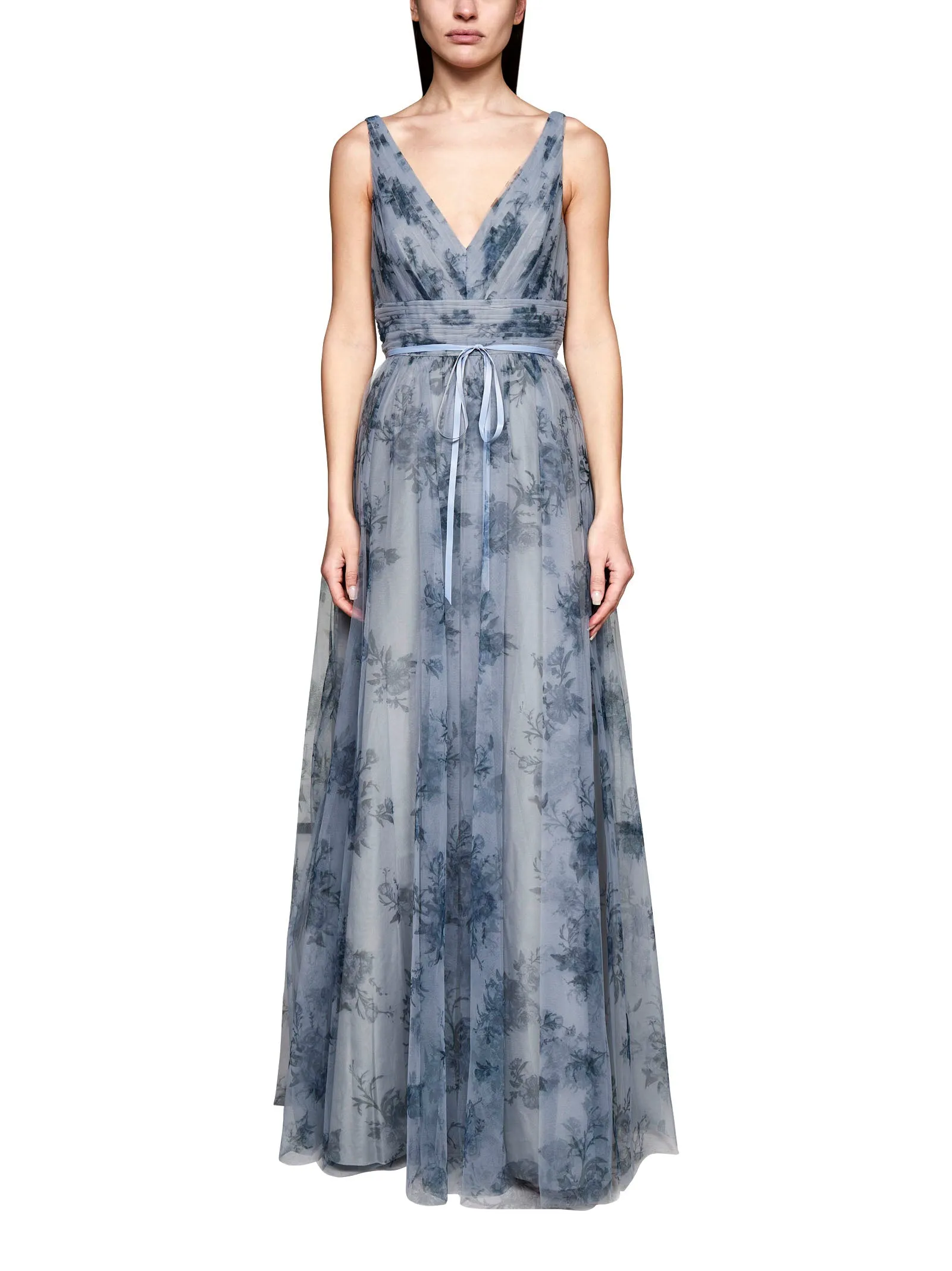 Marchesa Notte Floral Printed V-Neck Maxi Dress