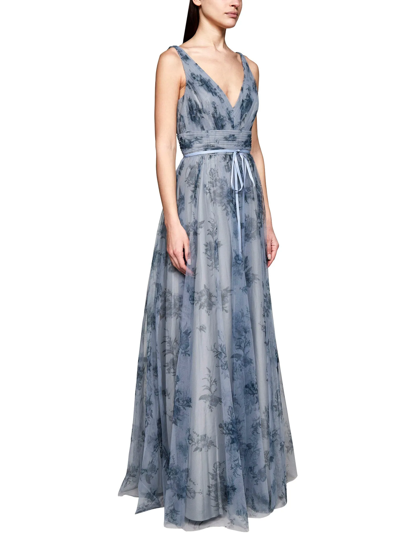 Marchesa Notte Floral Printed V-Neck Maxi Dress