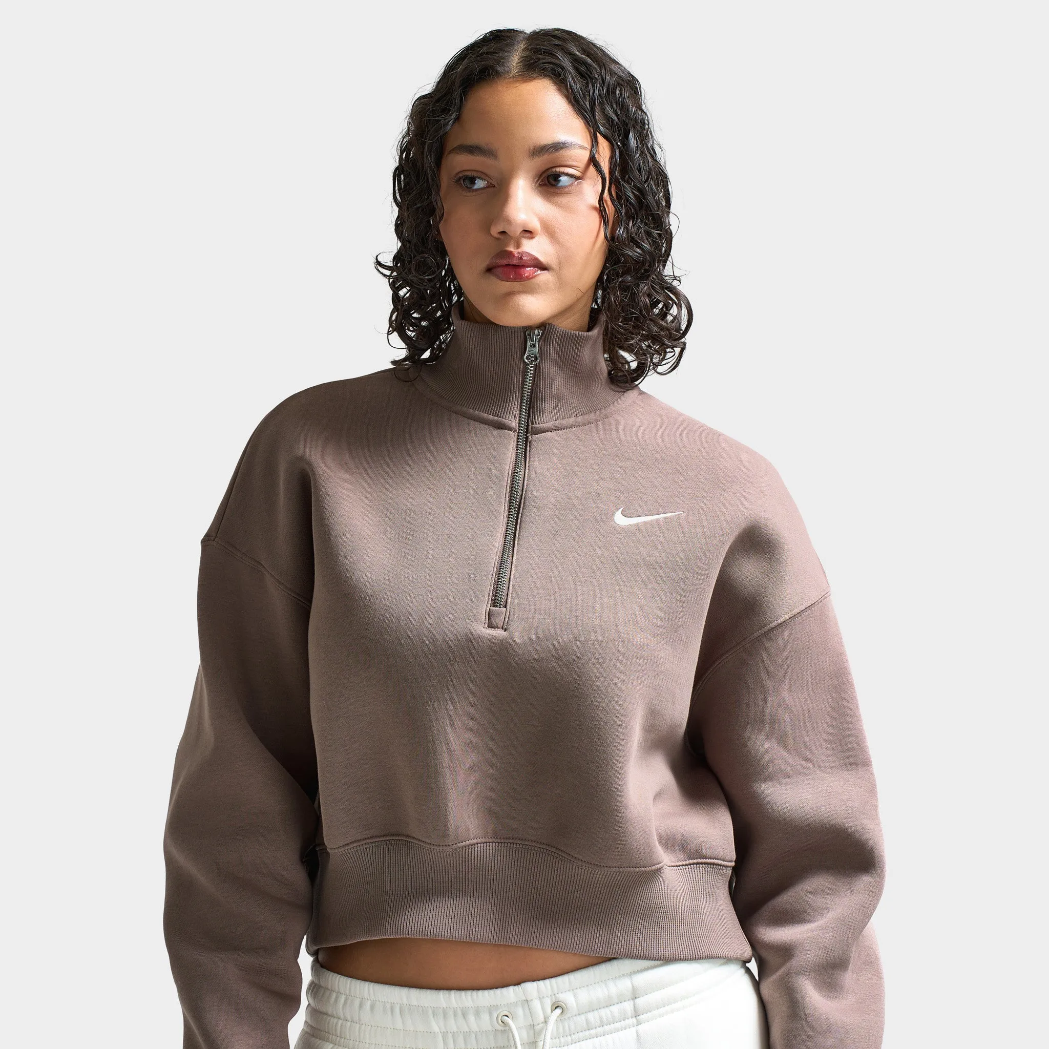 Nike Sportswear Women's Phoenix Fleece Half Zip Cropped Sweatshirt Mink Brown / Sail
