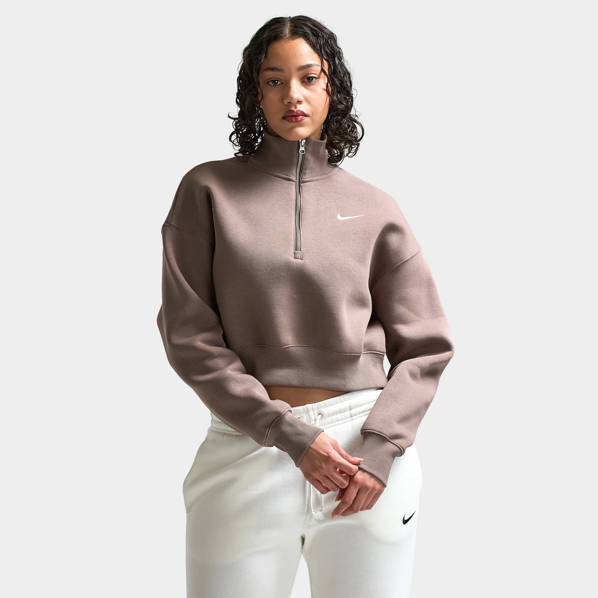 Nike Sportswear Women's Phoenix Fleece Half Zip Cropped Sweatshirt Mink Brown / Sail