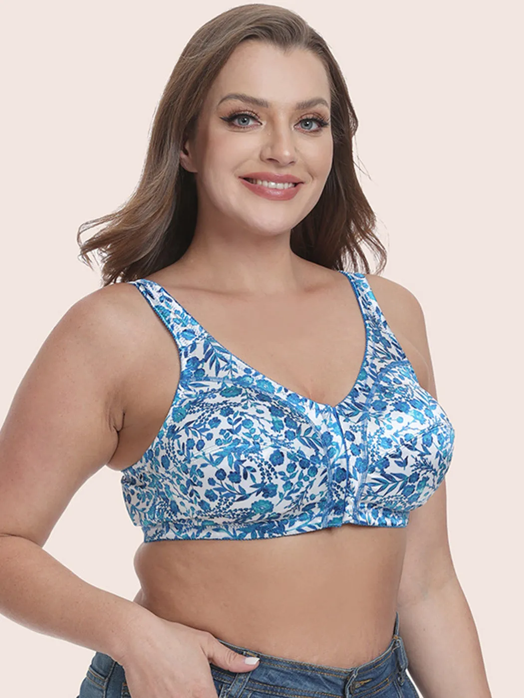 Plus Size Pattern Print Front Closure Wirefree Bra