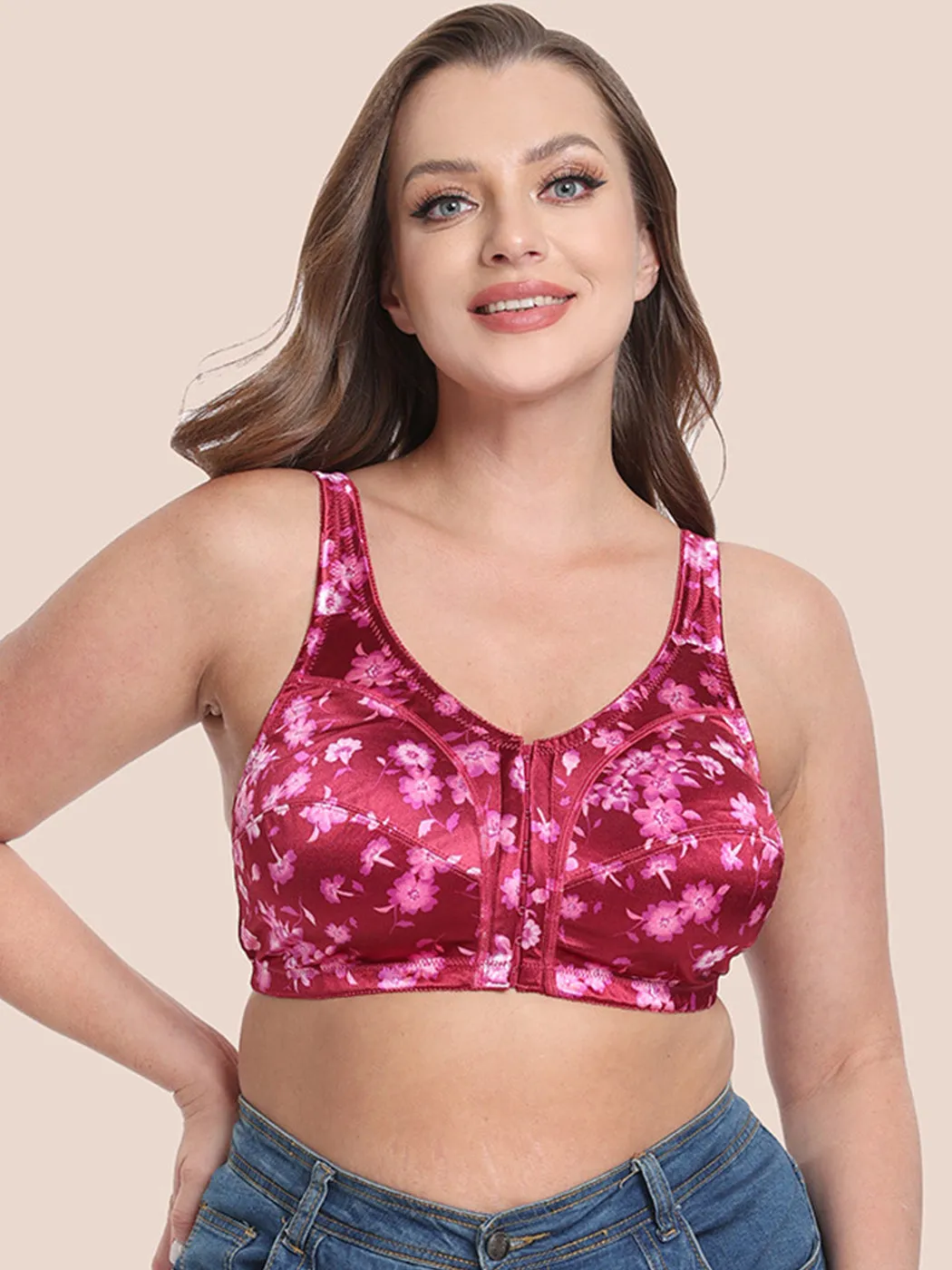 Plus Size Pattern Print Front Closure Wirefree Bra