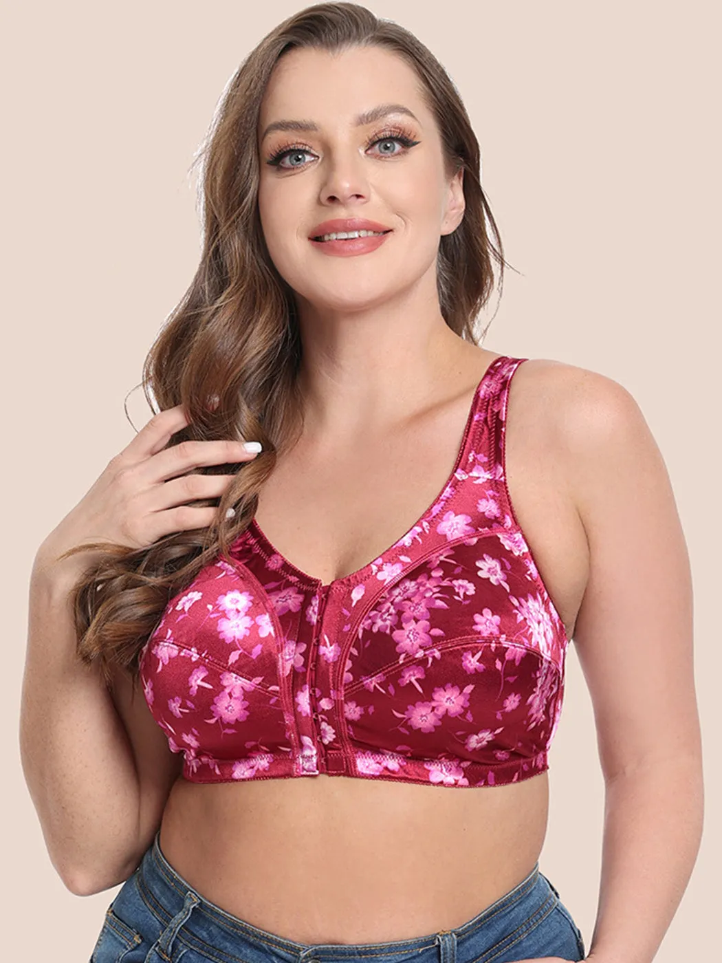 Plus Size Pattern Print Front Closure Wirefree Bra