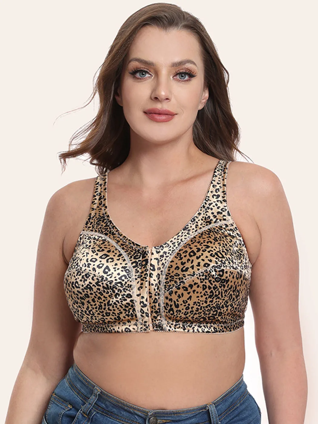 Plus Size Pattern Print Front Closure Wirefree Bra