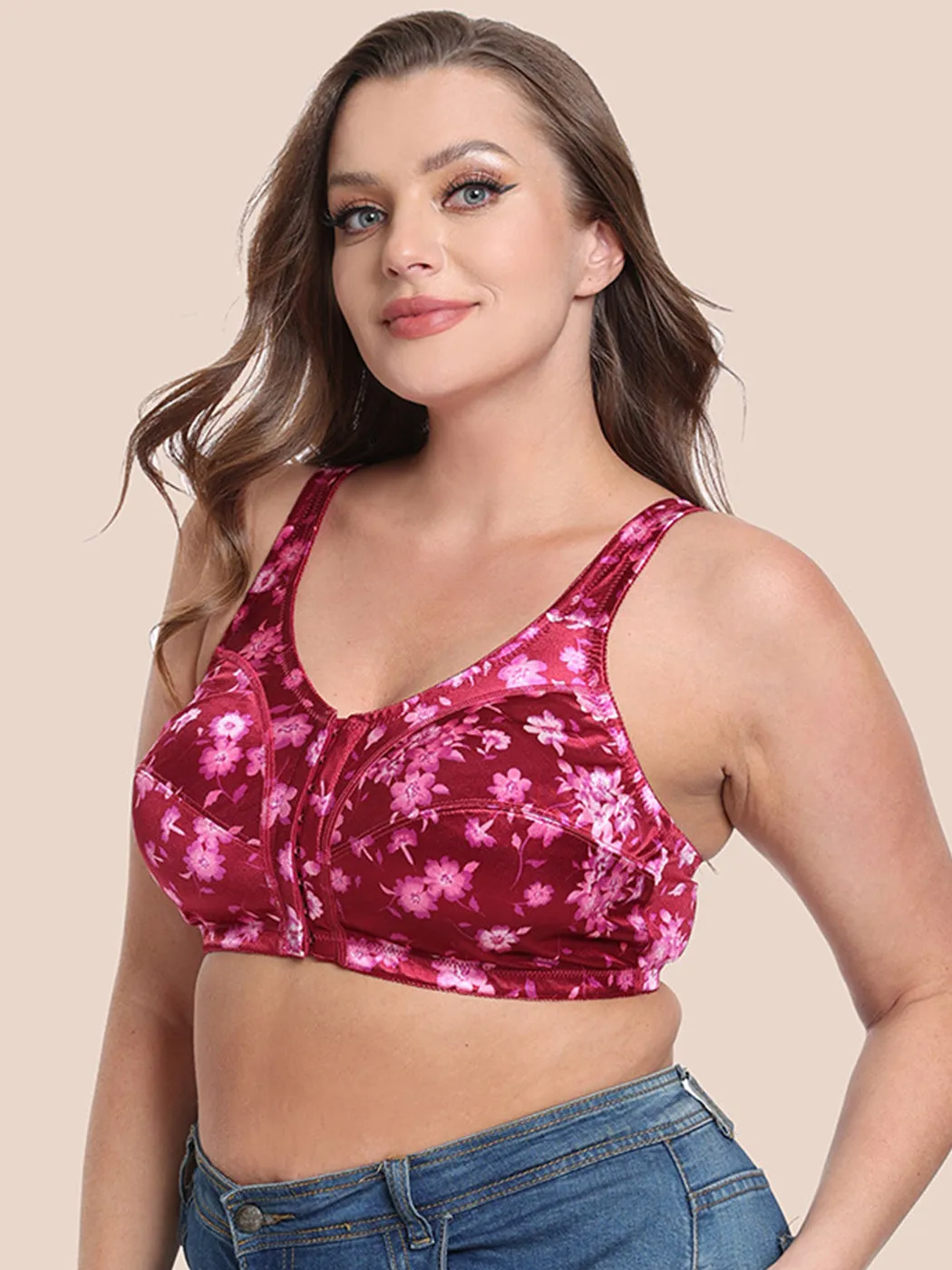 Plus Size Pattern Print Front Closure Wirefree Bra
