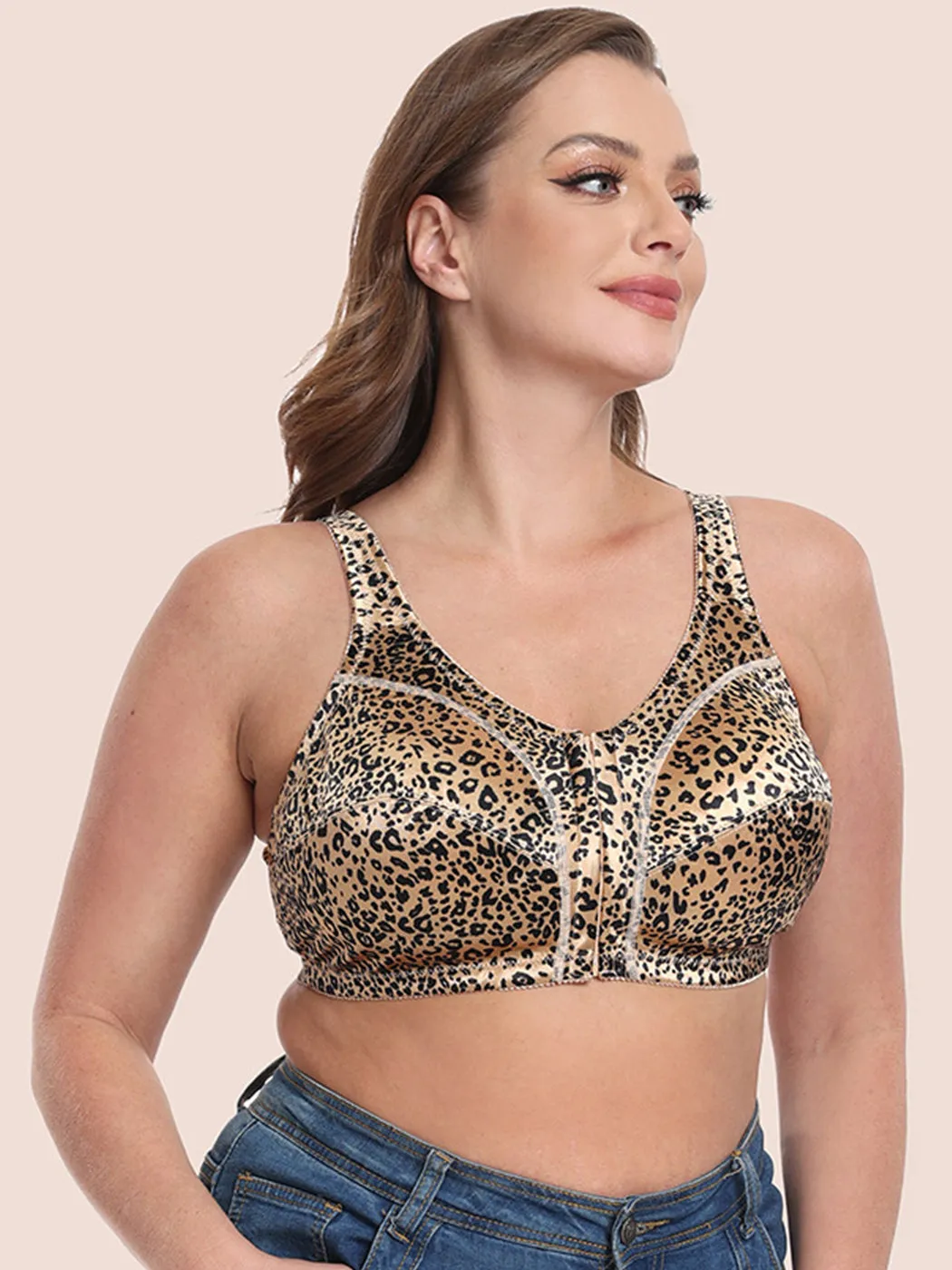 Plus Size Pattern Print Front Closure Wirefree Bra