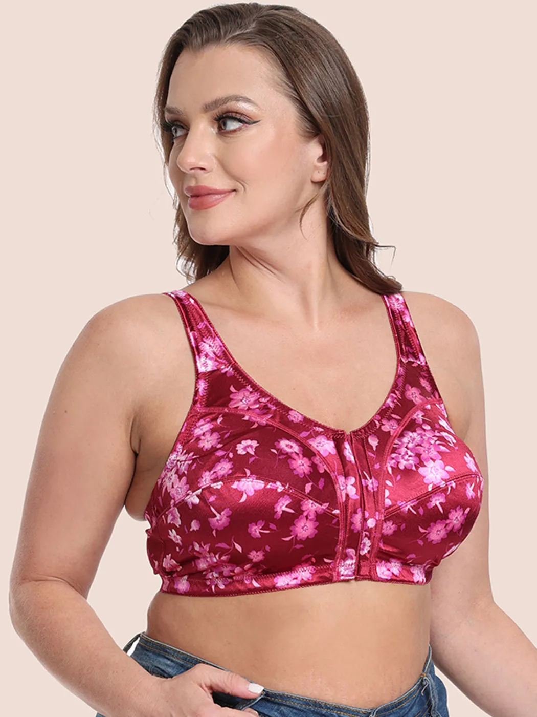 Plus Size Pattern Print Front Closure Wirefree Bra