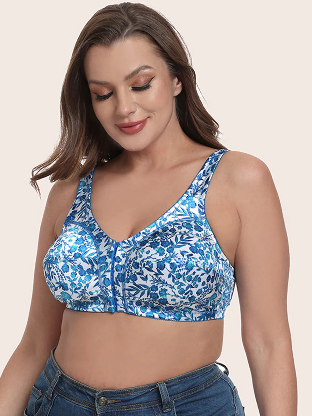 Plus Size Pattern Print Front Closure Wirefree Bra