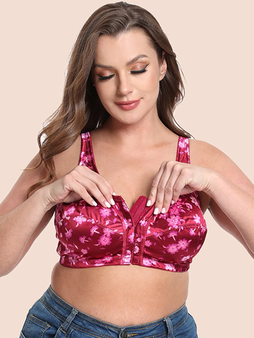 Plus Size Pattern Print Front Closure Wirefree Bra