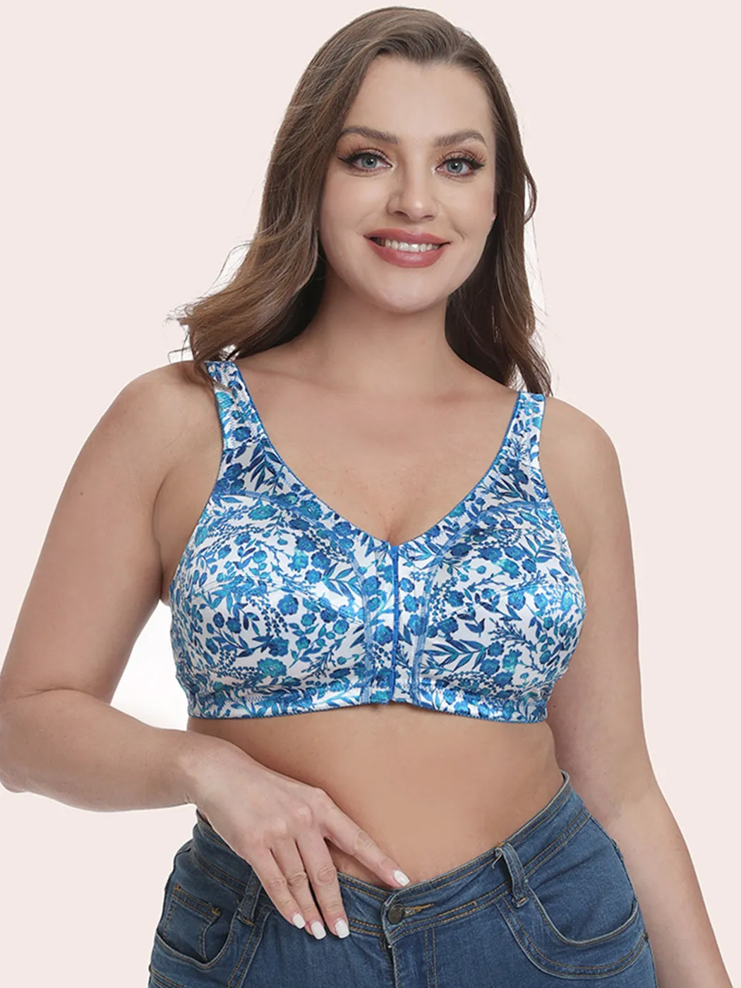 Plus Size Pattern Print Front Closure Wirefree Bra
