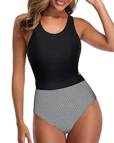 Removable Padded Bras Support Women One Piece Swimsuits-Black Stripe