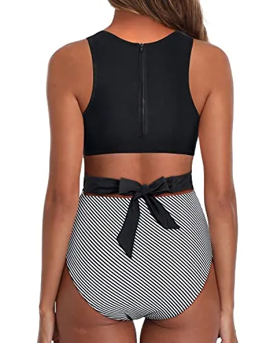 Removable Padded Bras Support Women One Piece Swimsuits-Black Stripe