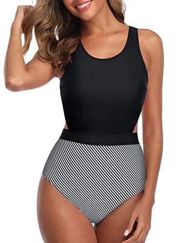 Removable Padded Bras Support Women One Piece Swimsuits-Black Stripe