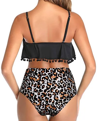 Removable Padded Bras Two Piece Bikini Swimsuit-Black And Leopard