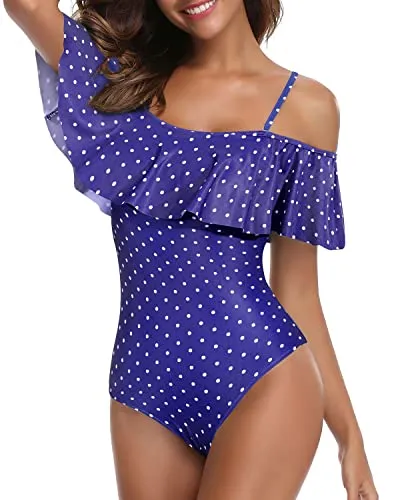 Retro Tummy Control One Piece Swimsuit Off Shoulder Women's Bathing Suit-Navy Blue Polka Dot