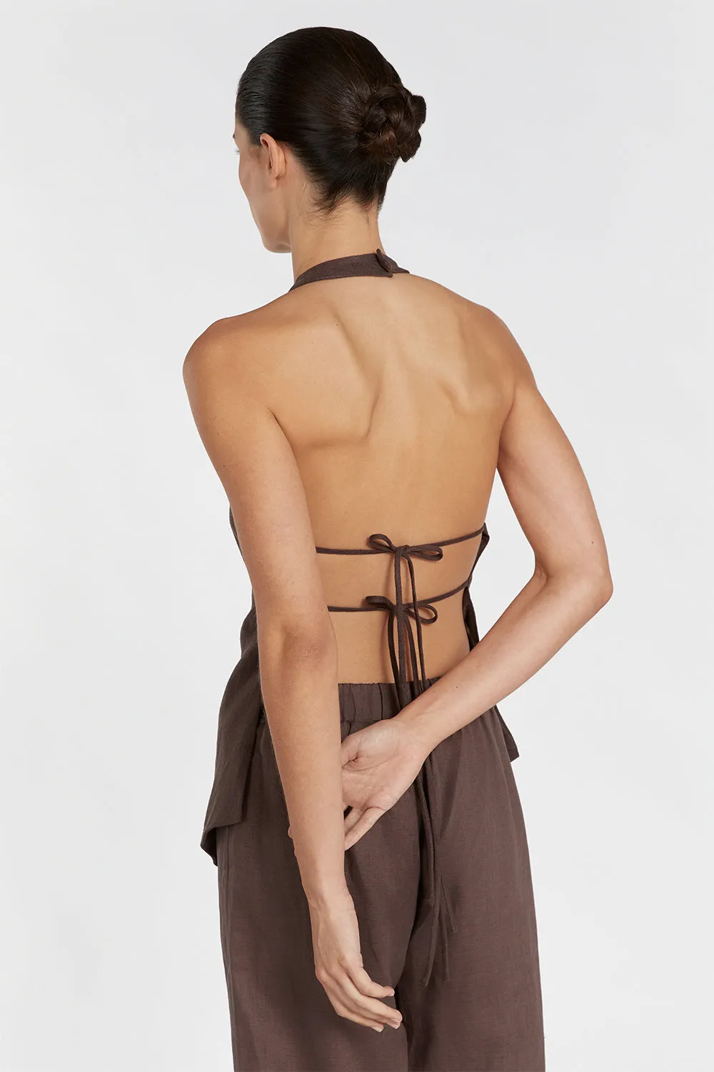 SERENA CHOC LINEN ASYM HALTER TOP