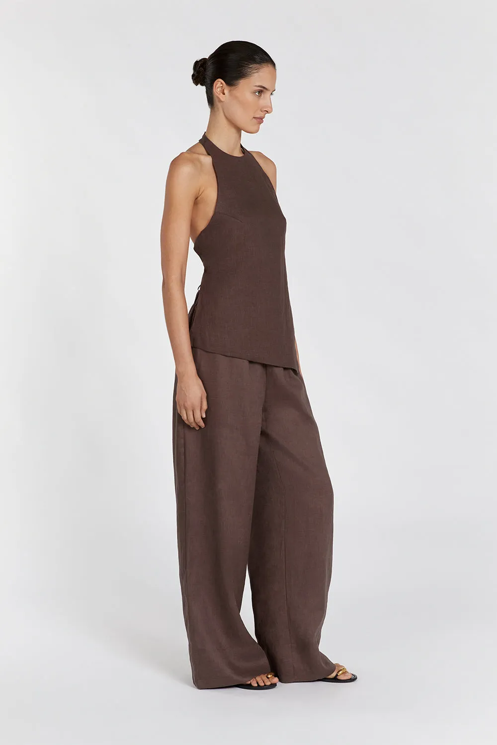 SERENA CHOC LINEN ASYM HALTER TOP