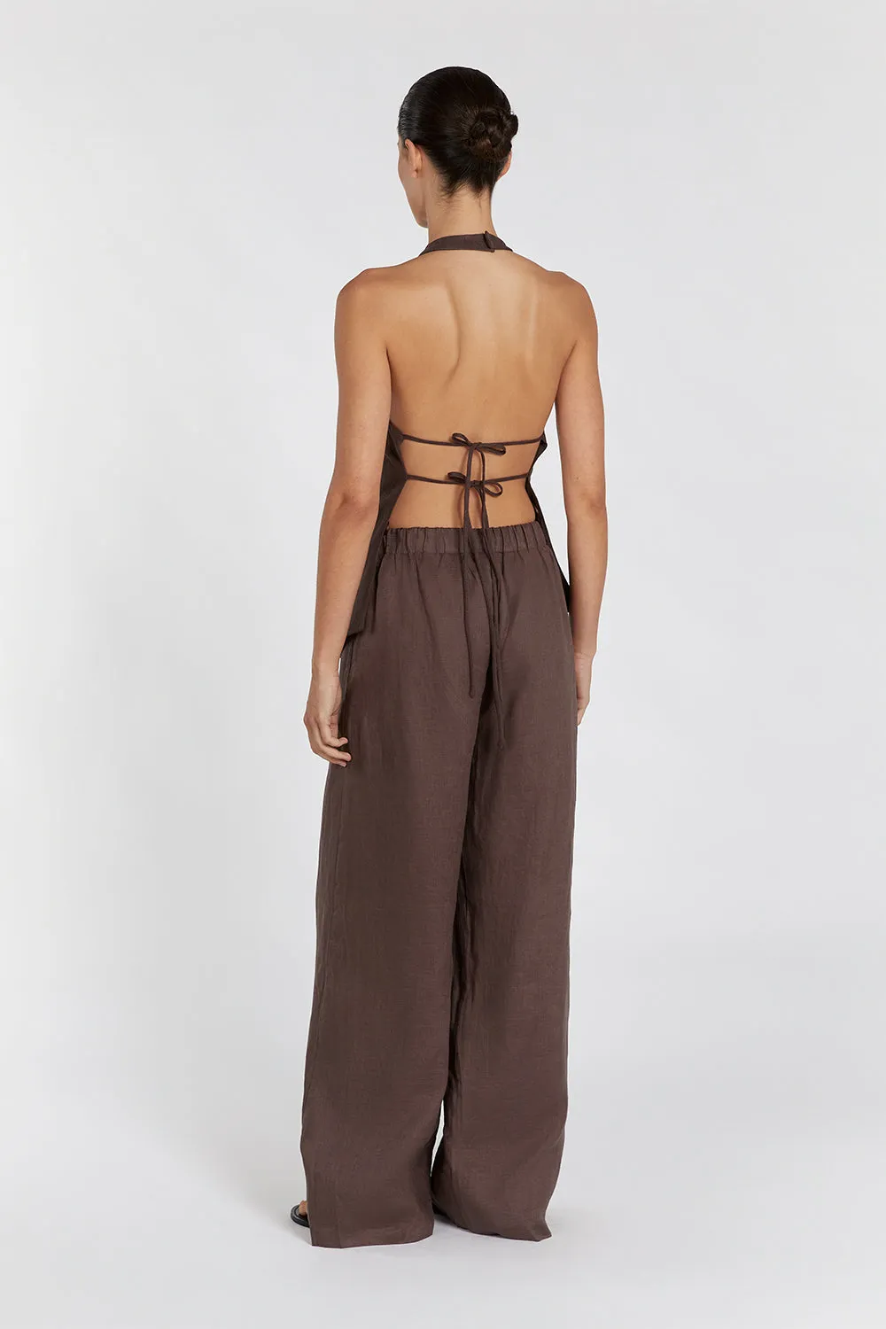 SERENA CHOC LINEN ASYM HALTER TOP