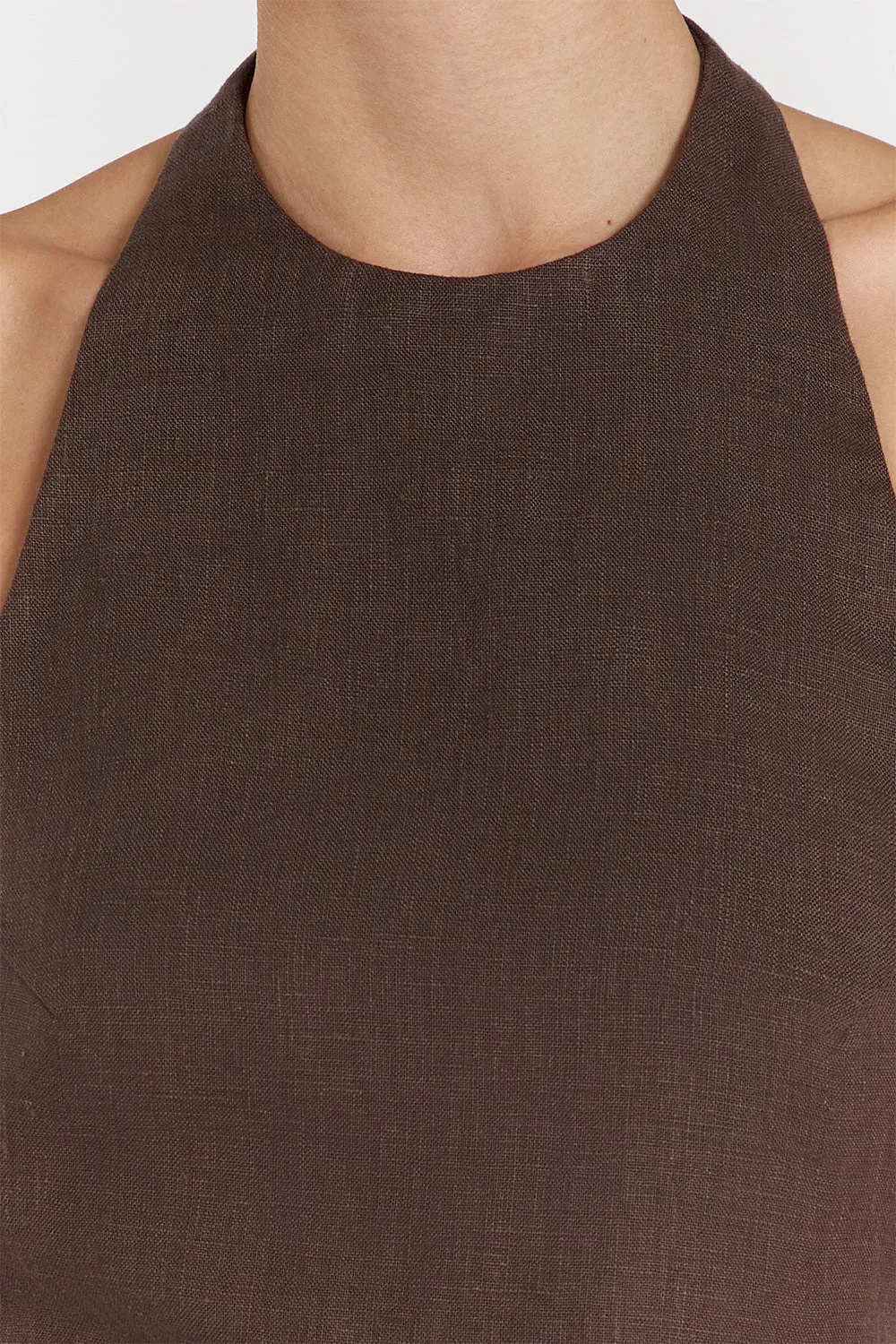 SERENA CHOC LINEN ASYM HALTER TOP