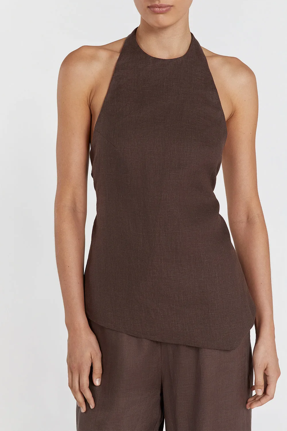SERENA CHOC LINEN ASYM HALTER TOP