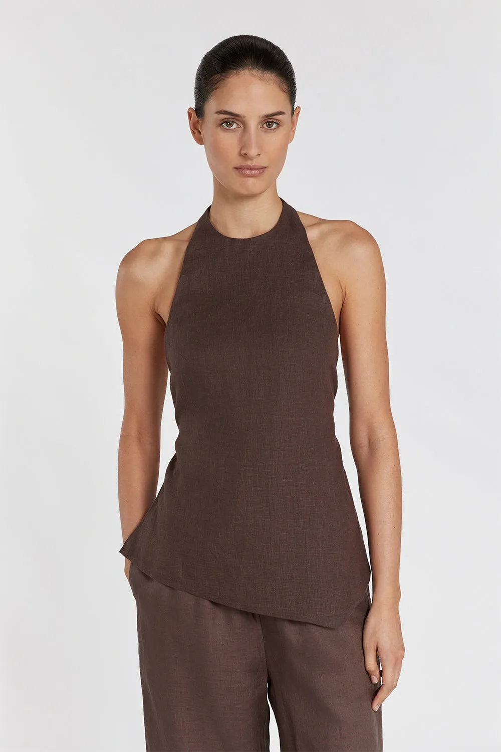 SERENA CHOC LINEN ASYM HALTER TOP