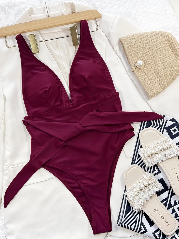 Sexy Deep V Neck Wine Red Color One Piece Swimsuit