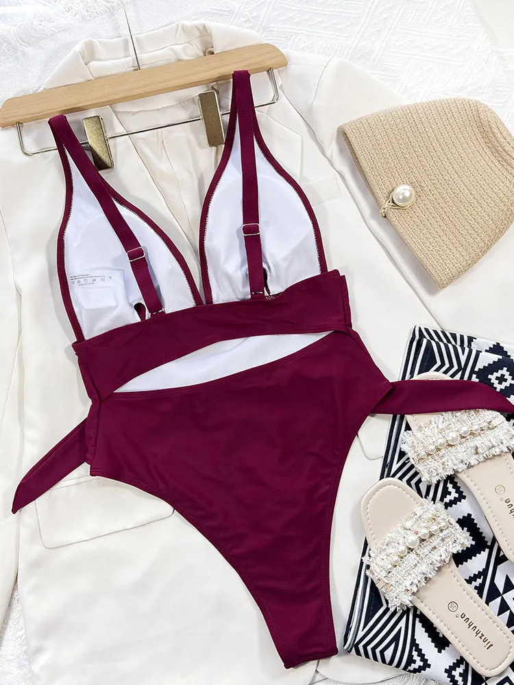 Sexy Deep V Neck Wine Red Color One Piece Swimsuit