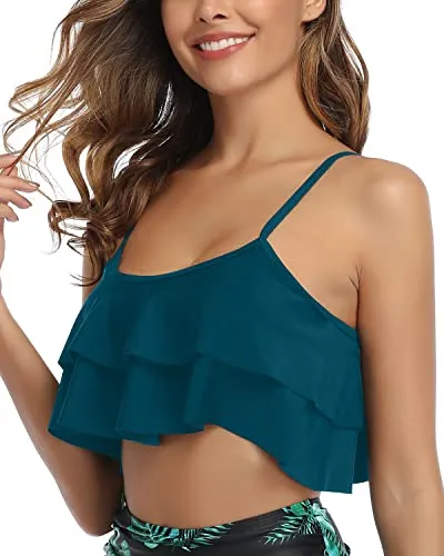 Stretchy Band Bikini Top Flounce Swim Top-Teal