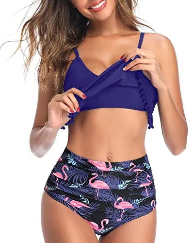 Tassel Trim Chic Tropical High Waisted Bikini-Blue Flamingo