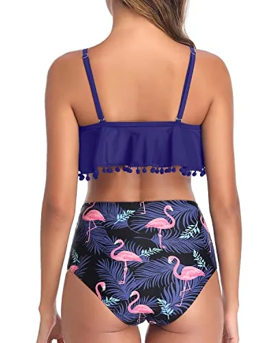 Tassel Trim Chic Tropical High Waisted Bikini-Blue Flamingo