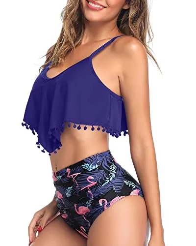 Tassel Trim Chic Tropical High Waisted Bikini-Blue Flamingo