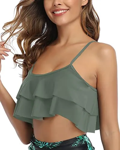 Tiered Flowy Ruffled Swim Top Hem Ruffled Bikini Top-Army Green