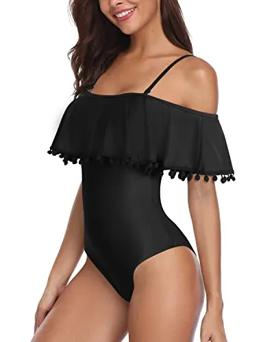 Tummy Control Off Shoulder Ruffled One Piece Swimsuit-Black