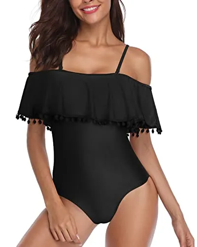 Tummy Control Off Shoulder Ruffled One Piece Swimsuit-Black