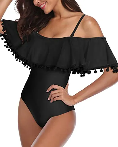 Tummy Control Off Shoulder Ruffled One Piece Swimsuit-Black