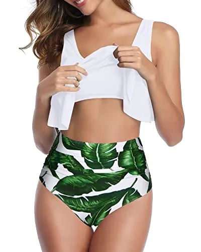 Two Piece Push Up Bras Women Ruffled Flounce Bikini Swimsuit-White Leaf
