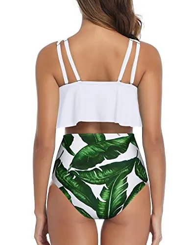 Two Piece Push Up Bras Women Ruffled Flounce Bikini Swimsuit-White Leaf