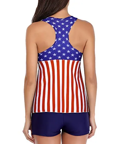 V Neck Swimsuit Tummy Control Bottom And Racerback Top For Women-Flag