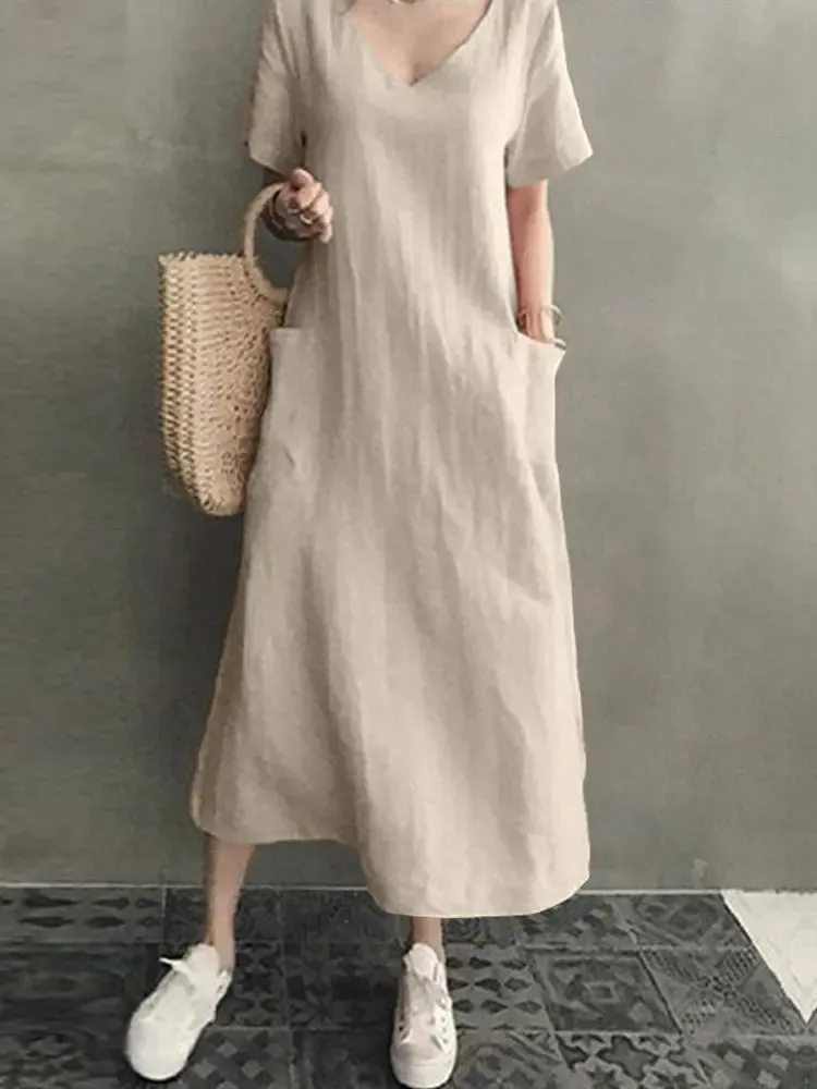 Vintage Short Sleeve V Neck Pockets Dresses