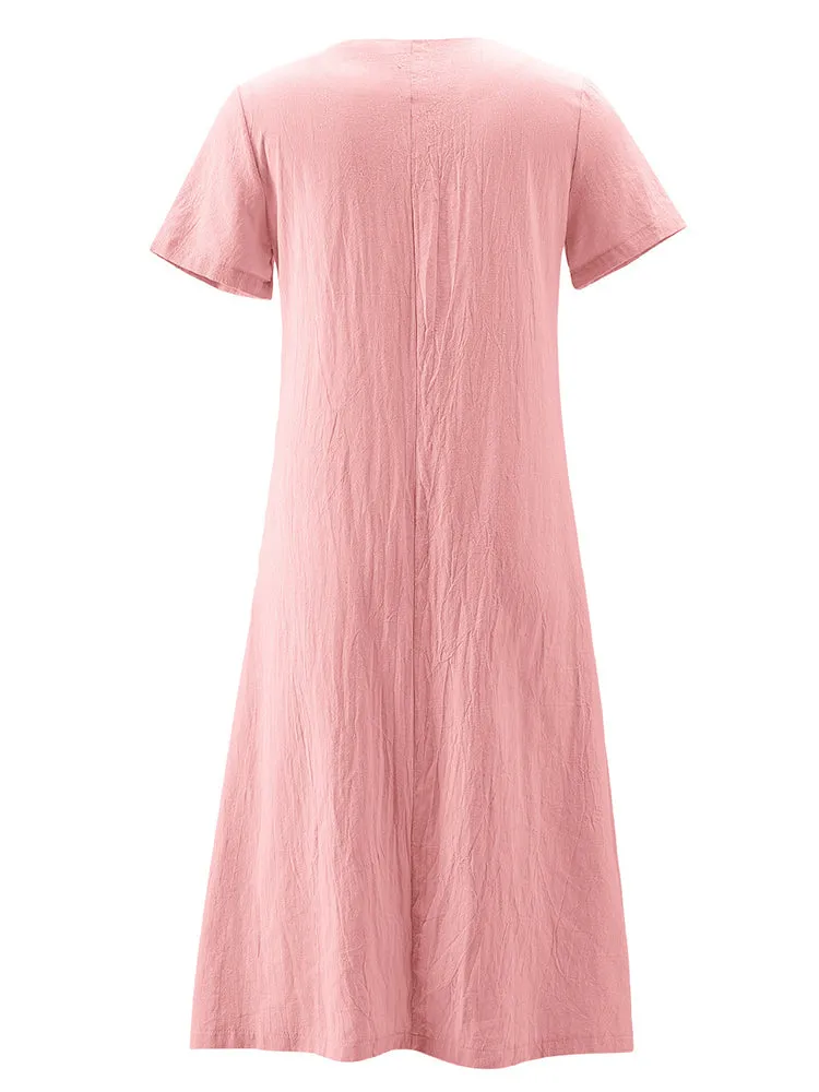 Vintage Short Sleeve V Neck Pockets Dresses