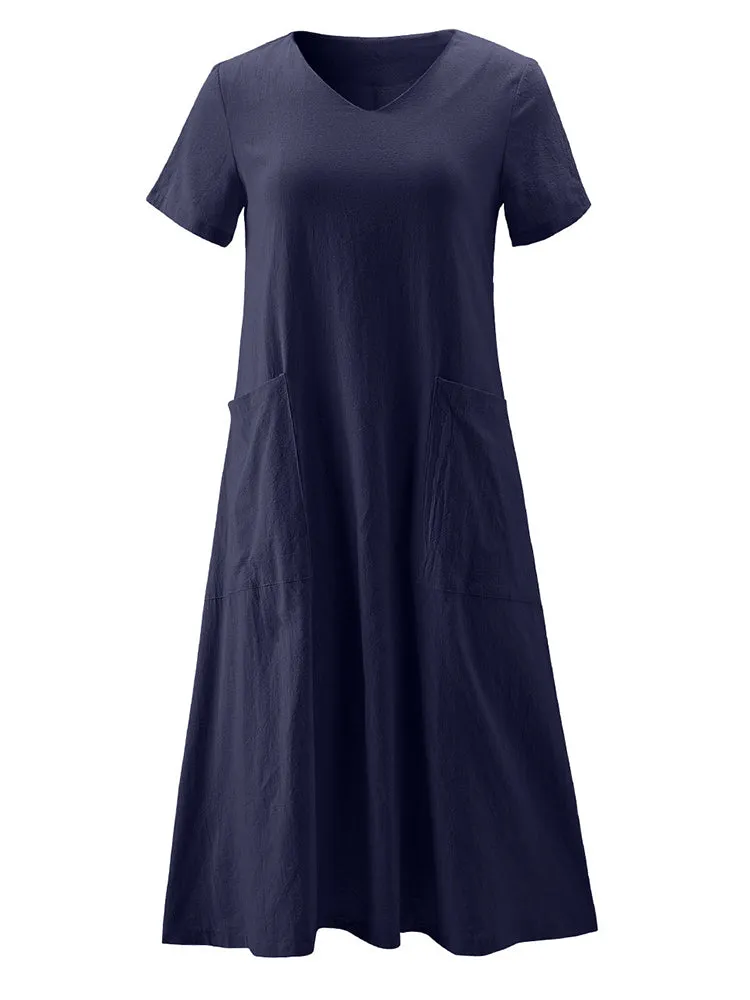 Vintage Short Sleeve V Neck Pockets Dresses