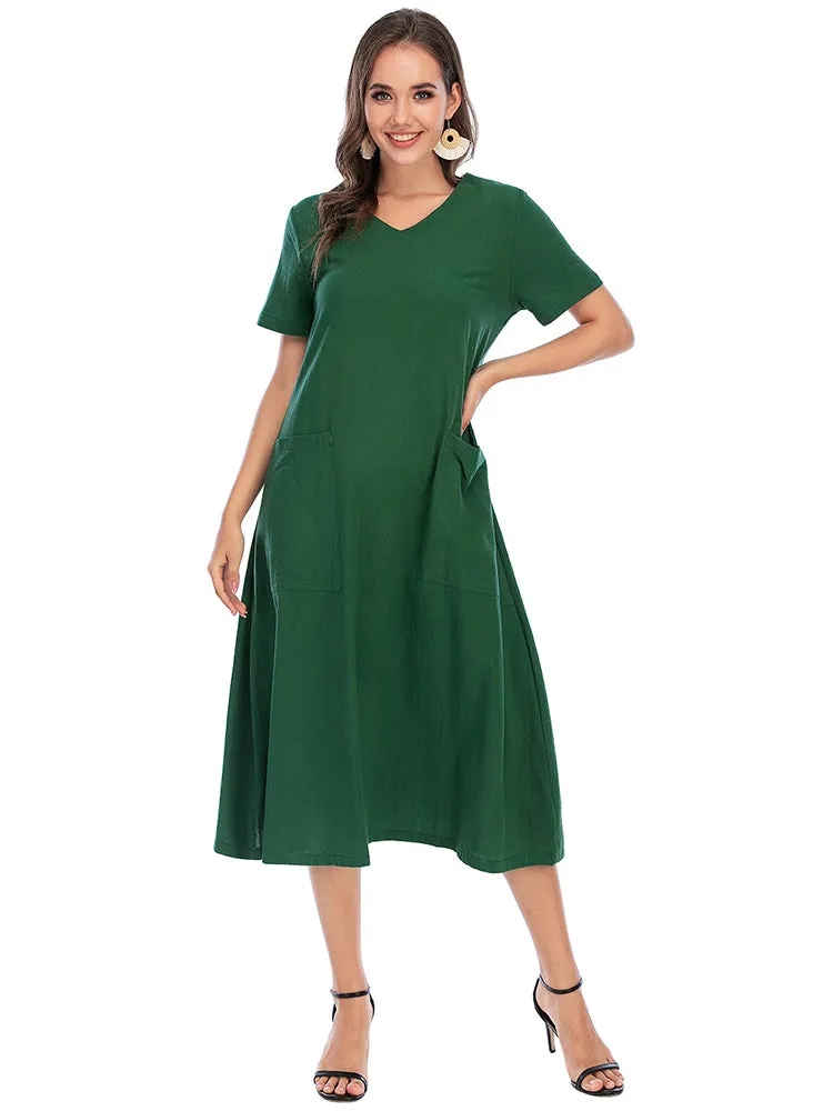 Vintage Short Sleeve V Neck Pockets Dresses